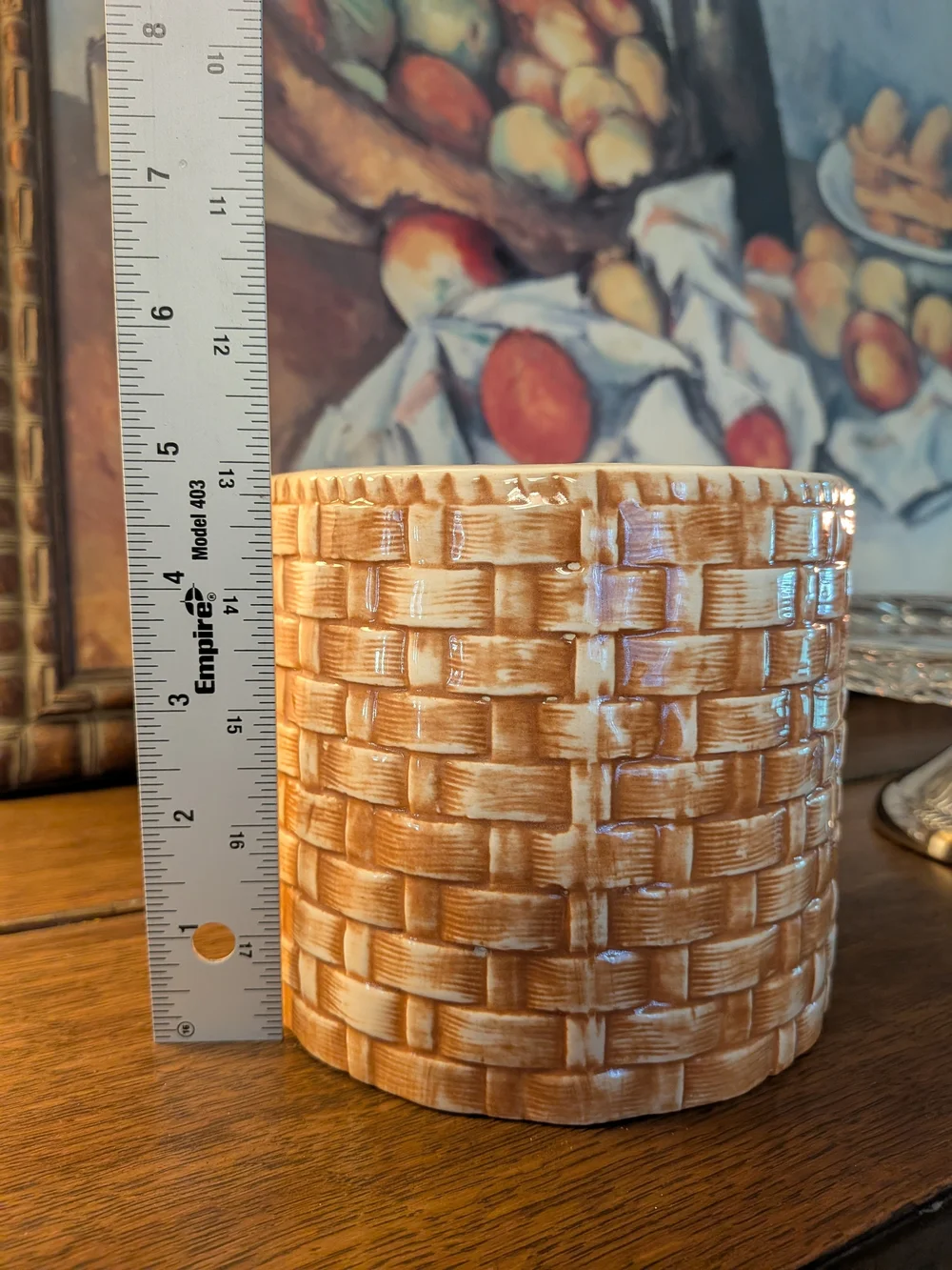 Ceramic Woven Basket Planter Cachepot Tan Warm Honey Glaze 5.5